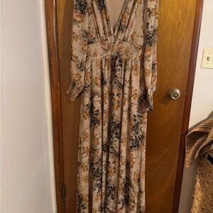Baltic Born Tan Maxi Dress with Plunge Neck and Bishop Sleeves